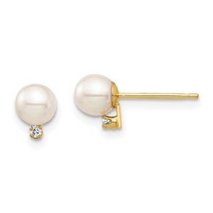 14k Yellow Gold Childrens 4-5mm White RD FWC Pearl .02ct Diamond Post Earrings
